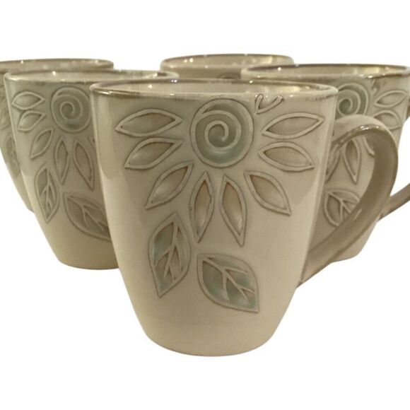 Pfaltzgraff Daisy Chain Flower Coffee Mugs Tea Cups Beige 3 3/4 Set Of 5 - Picture 1 of 6